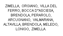 Casella di testo: ZIMELLA,  ORGIANO,  VILLA DEL FERRO, BOCCA DASCIESA, BRENDOLA, PERAROLO, ARCUGNANO,  VALMARANA, ALTAVILLA, BRENDOLA, MELEDO,  LONIGO,  ZIMELLA.