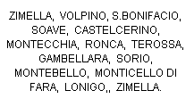 Casella di testo: ZIMELLA,  VOLPINO, S.BONIFACIO, SOAVE,  CASTELCERINO,  MONTECCHIA,  RONCA,  TEROSSA, GAMBELLARA,  SORIO,  MONTEBELLO,  MONTICELLO DI FARA,  LONIGO,,  ZIMELLA.